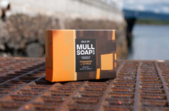 a cinnamon and citrus soap box sitting on a metal step in Tobermory bay. The box is a a brown and orange design. The soap is described as woody, spicy and sweet. Handmade in Tobermory by the Isle of Mull soap co.