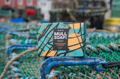 a lemongrass and ginger soap box sitting on a green creel pot on Tobermory pier. Colourful houses and boats in the background. The box design is green with yellow buoys and black fishing nets. The soap is described as warm and spicy. Handmade in Tobermory by the Isle of Mull soap co.