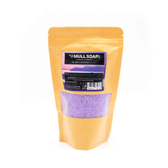 Kraft display bag with window containing purple island lavender bath salts with lavender flowers in, handmade in Tobermory by the Isle of Mull soap co.