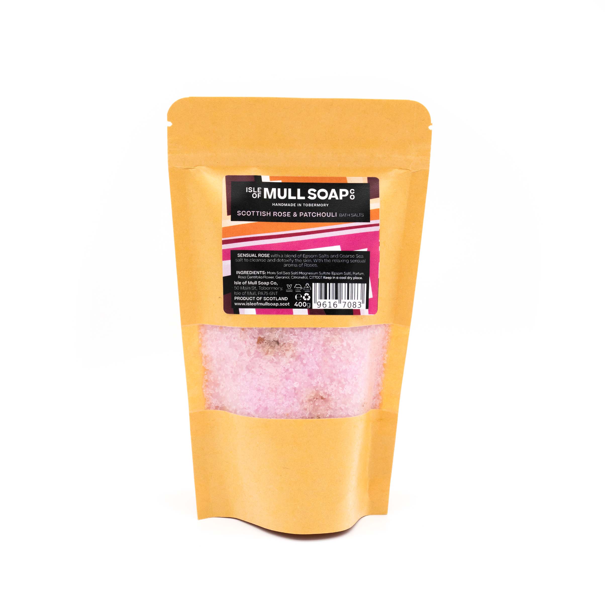 Kraft display bag with window containing sensual pink Scottish rose and patchouli bath salts with rose petals in. handmade in Tobermory by the Isle of Mull soap co.