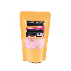 Kraft display bag with window containing sensual pink Scottish rose and patchouli bath salts with rose petals in. handmade in Tobermory by the Isle of Mull soap co.