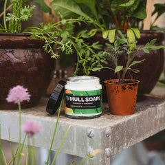 A jar of gardener's hand cream with an open lid. sat on a shelf in a potting shed amongst pots and plants. handmade in Tobermory by the Isle of Mull soap co.
