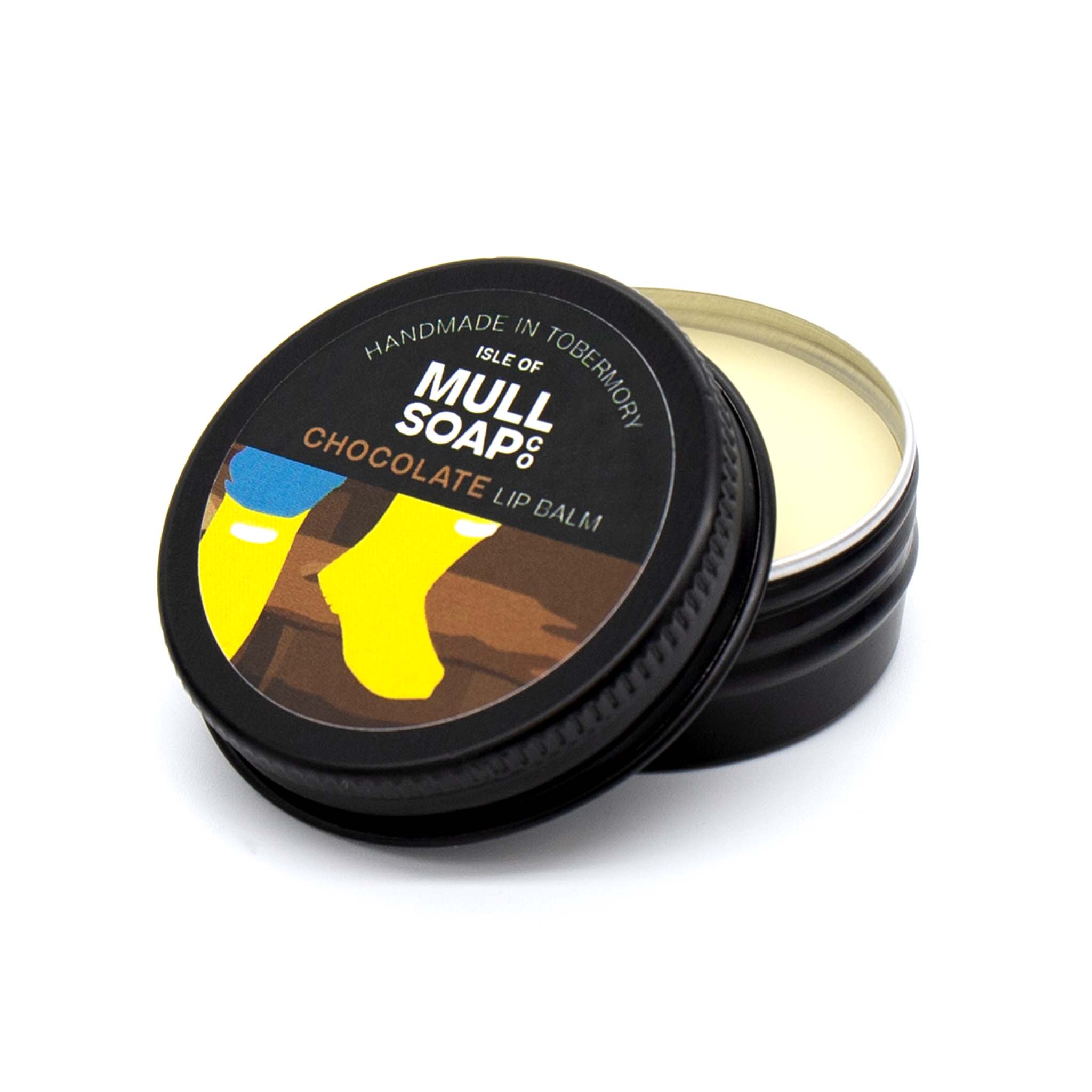 chocolate lip balm in a black tin with colourful label. vegan lip balm handmade in Tobermory by the Isle of Mull soap co.