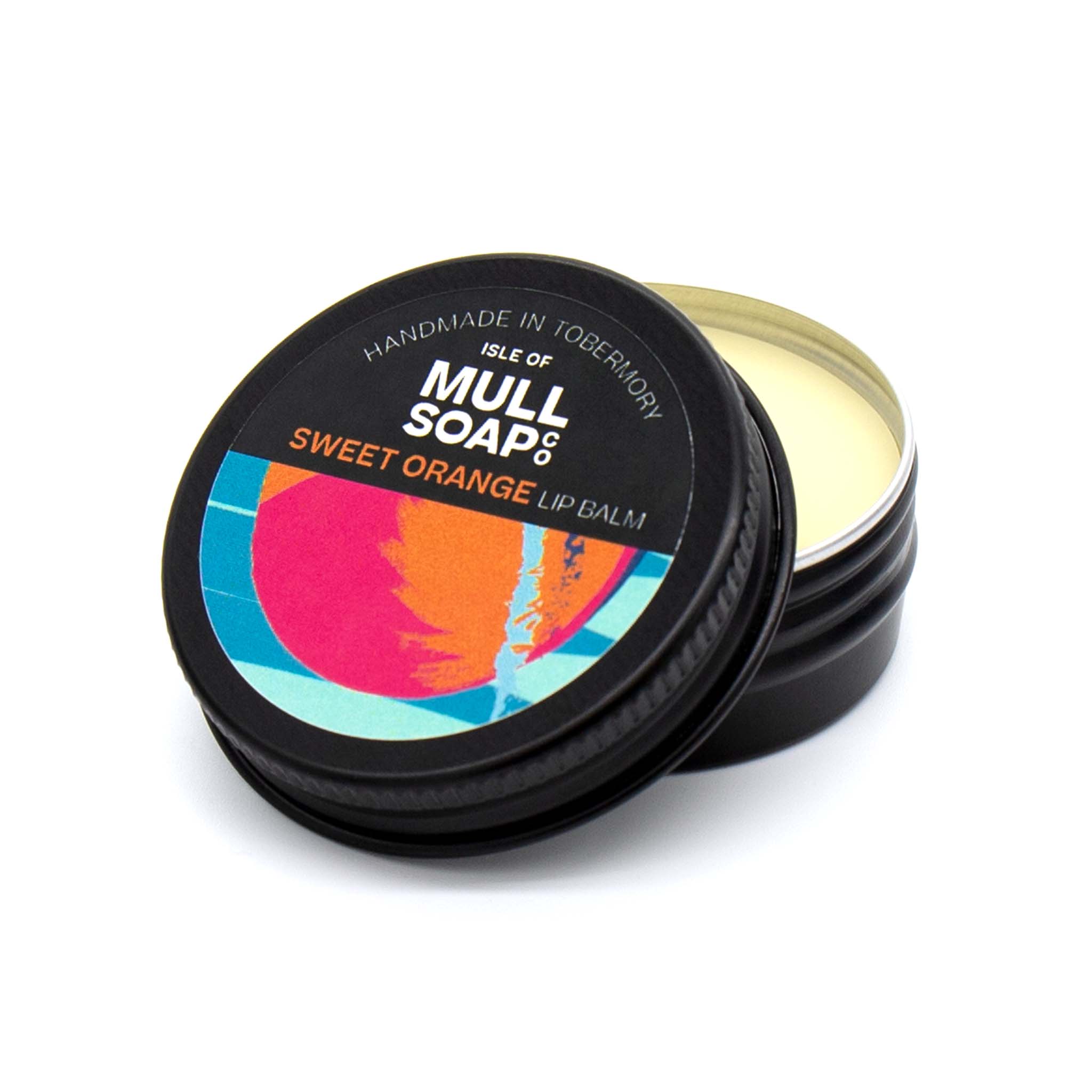 sweet orange lip balm in a black tin with colourful label. vegan lip balm handmade in Tobermory by the Isle of Mull soap co.