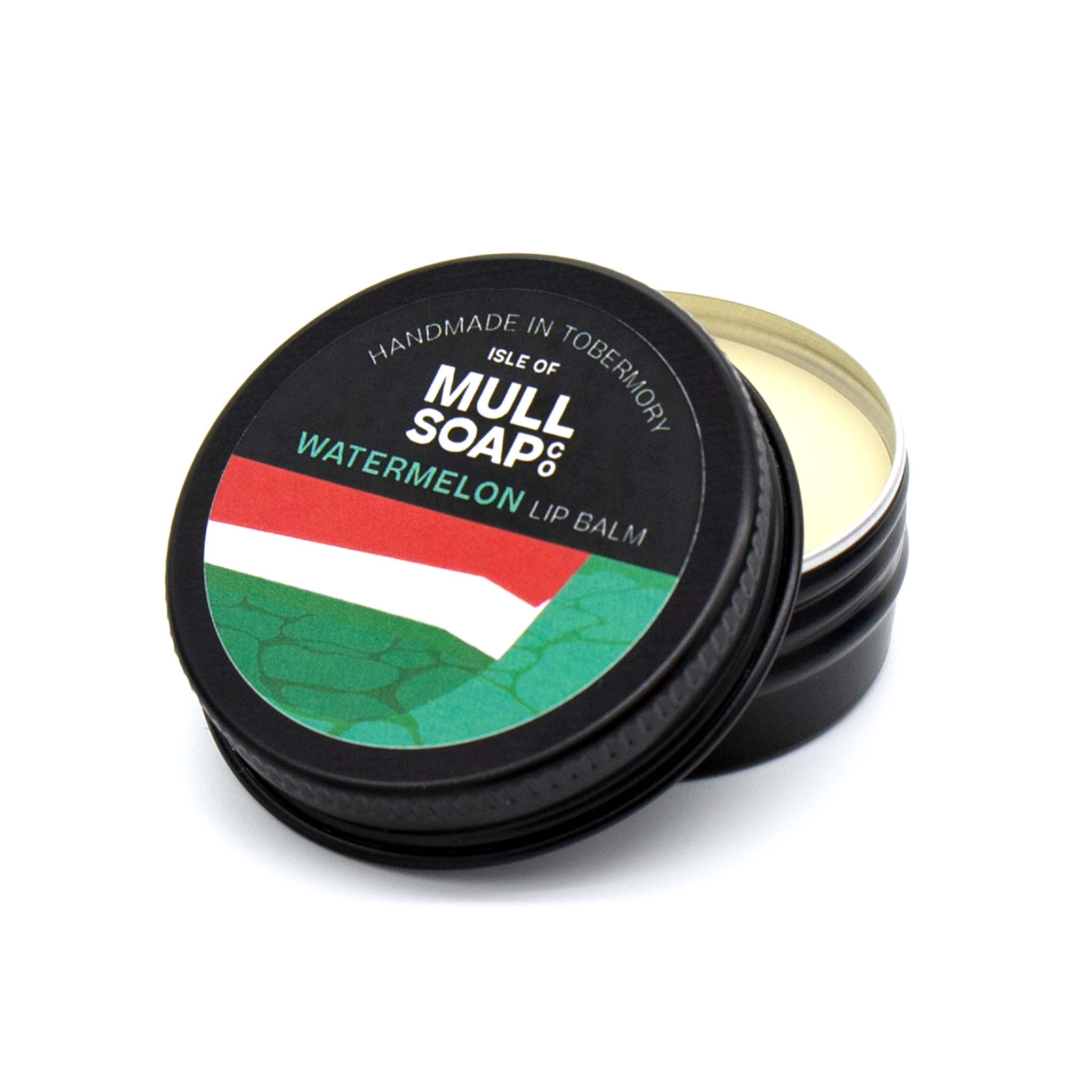 watermelon lip balm in a black tin with colourful label. vegan lip balm handmade in Tobermory by the Isle of Mull soap co.