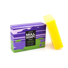 a bergamot and clary sage soap box sitting next to the soap bar. The box is a purple and green design. The soap is described as lightly herbal, floral sweet. Handmade in Tobermory by the Isle of Mull soap co.