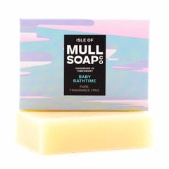 A pure, fragrance free Baby Bathtime soap box sitting on top of the soap bar. The box is pale pink and blue. Handmade in Tobermory by the Isle of Mull soap co.