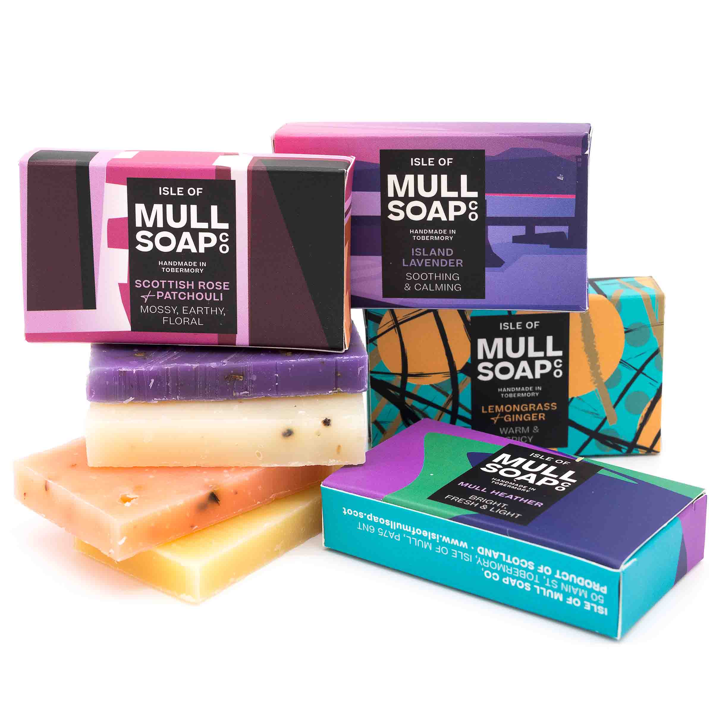 A collection of different scented mini soaps. Island lavender, lemongrass & ginger, mull heather and Scottish rose and patchouli. Handmade natural soap made by the isle of mull soap co in Tobermory.