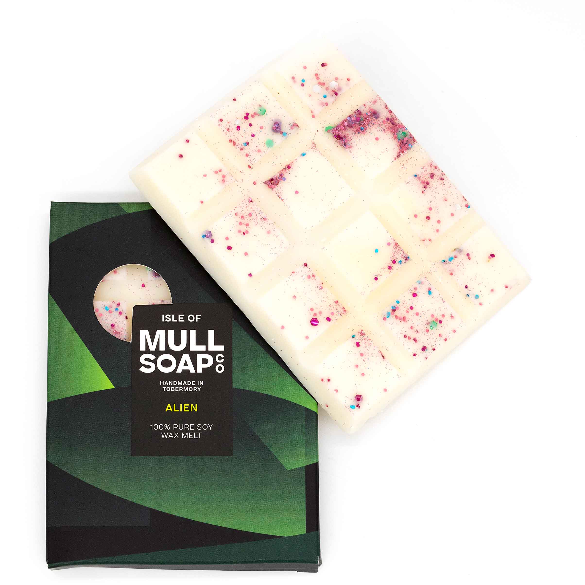 Alien perfume scented soy wax melt snap bar with multi coloured eco glitter sprinkled on.Handmade in Tobermory by the Isle of Mull Soap Co.