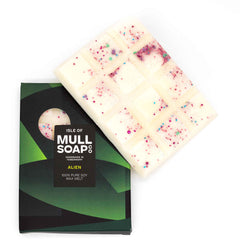 Alien perfume scented soy wax melt snap bar with multi coloured eco glitter sprinkled on.Handmade in Tobermory by the Isle of Mull Soap Co.