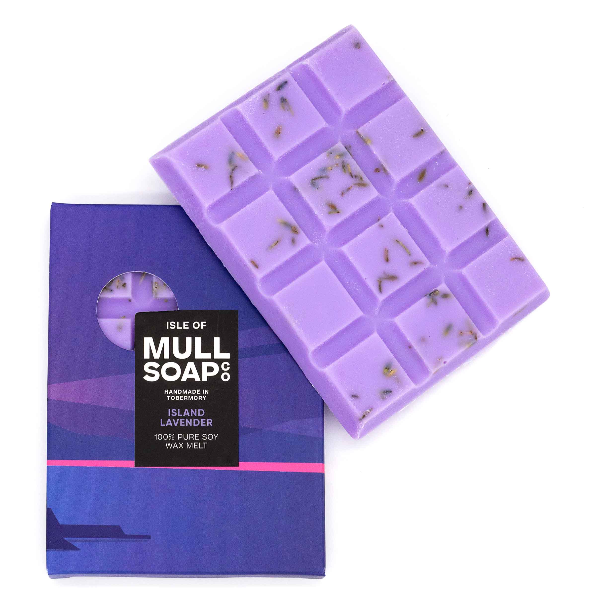 A purple Island Lavender scented soy wax melt snap bar with lavender flowers sprinkled in. Handmade in Tobermory by the Isle of Mull Soap Co.