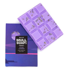 A purple Island Lavender scented soy wax melt snap bar with lavender flowers sprinkled in. Handmade in Tobermory by the Isle of Mull Soap Co.