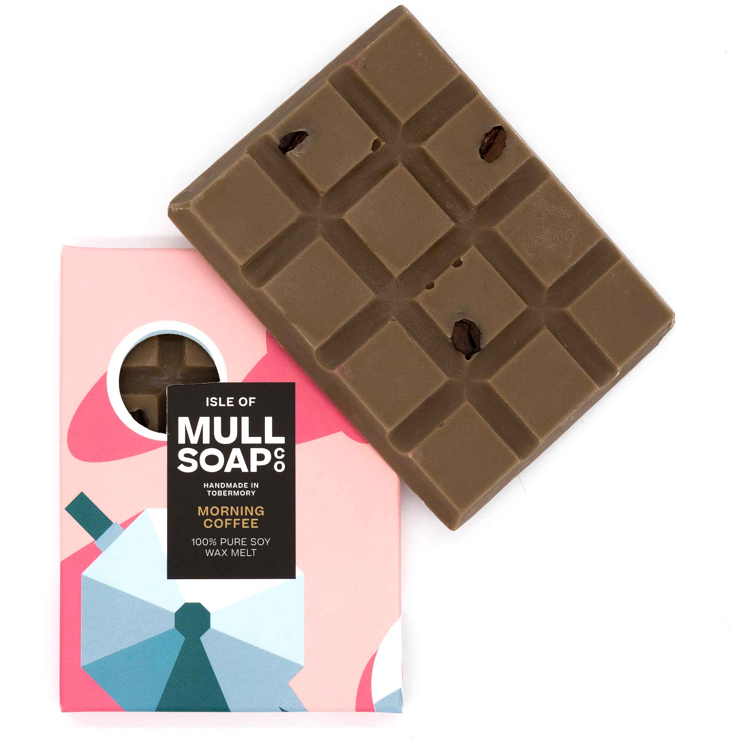 A dark brown coffee scented soy wax melt snap bar with real coffee beans in. Handmade in Tobermory by the Isle of Mull Soap Co.