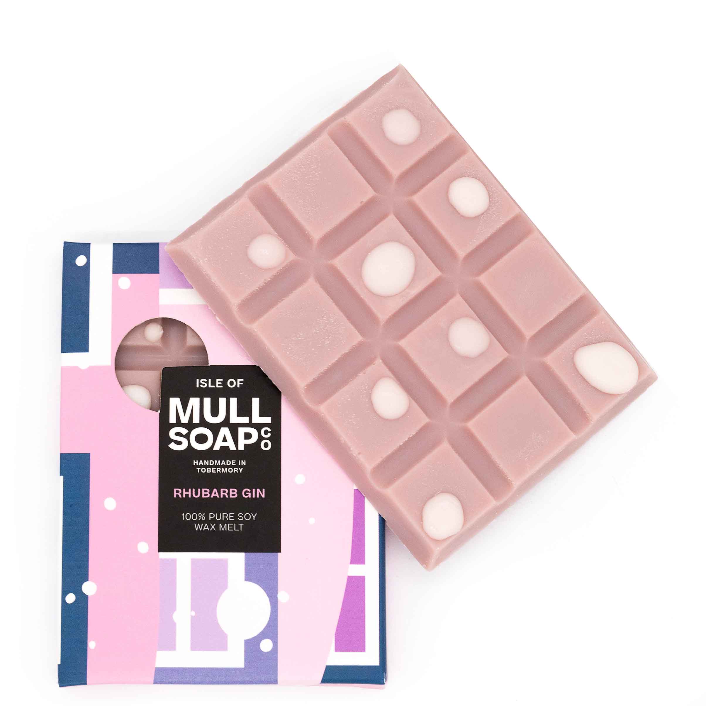 A rose pink coloured Rhubarb gin scented soy wax melt snap bar decorated with white bubbles. Handmade in Tobermory by the Isle of Mull Soap Co.