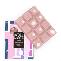 A rose pink coloured Rhubarb gin scented soy wax melt snap bar decorated with white bubbles. Handmade in Tobermory by the Isle of Mull Soap Co.