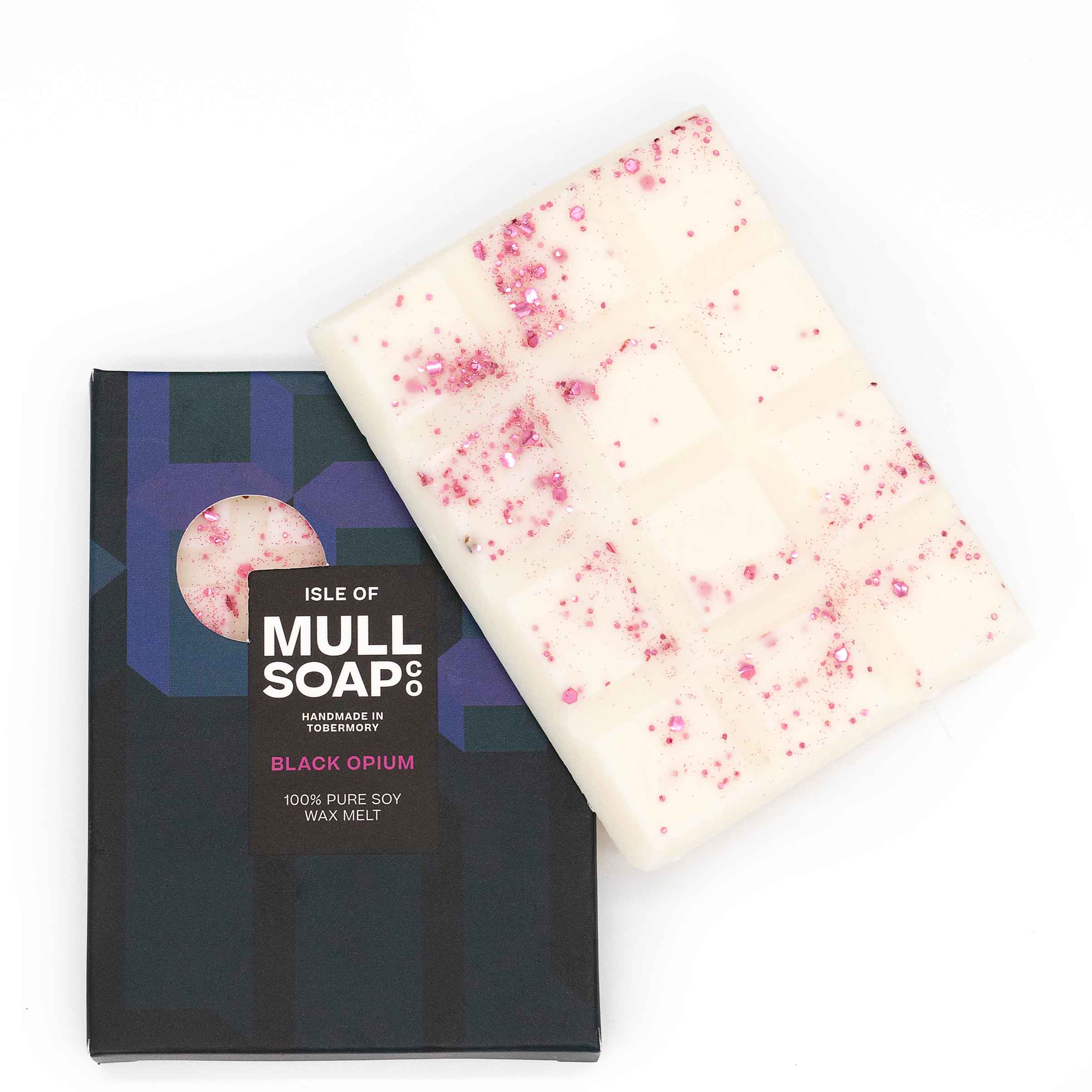 A Black Opium perfume scented soy wax melt snap bar sprinkled with pink eco glitter. Handmade in Tobermory by the Isle of Mull Soap Co.