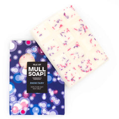 A Snow Fairy scented soy wax melt snap bar decorated with purple and pink strands. Handmade in Tobermory by the Isle of Mull Soap Co.