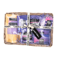 large island lavender seagrass basket gift set. filled with the full range of lavender products all handmade in Tobermory by the Isle of Mull soap co