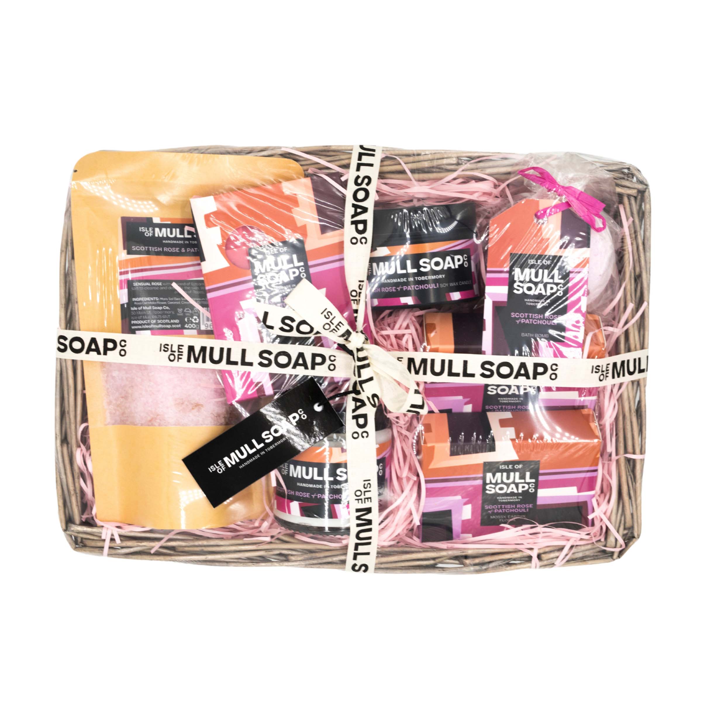 large Scottish rose and patchouli seagrass basket gift set. filled with the full range of Scottish rose and patchouli products all handmade in Tobermory by the Isle of Mull soap co