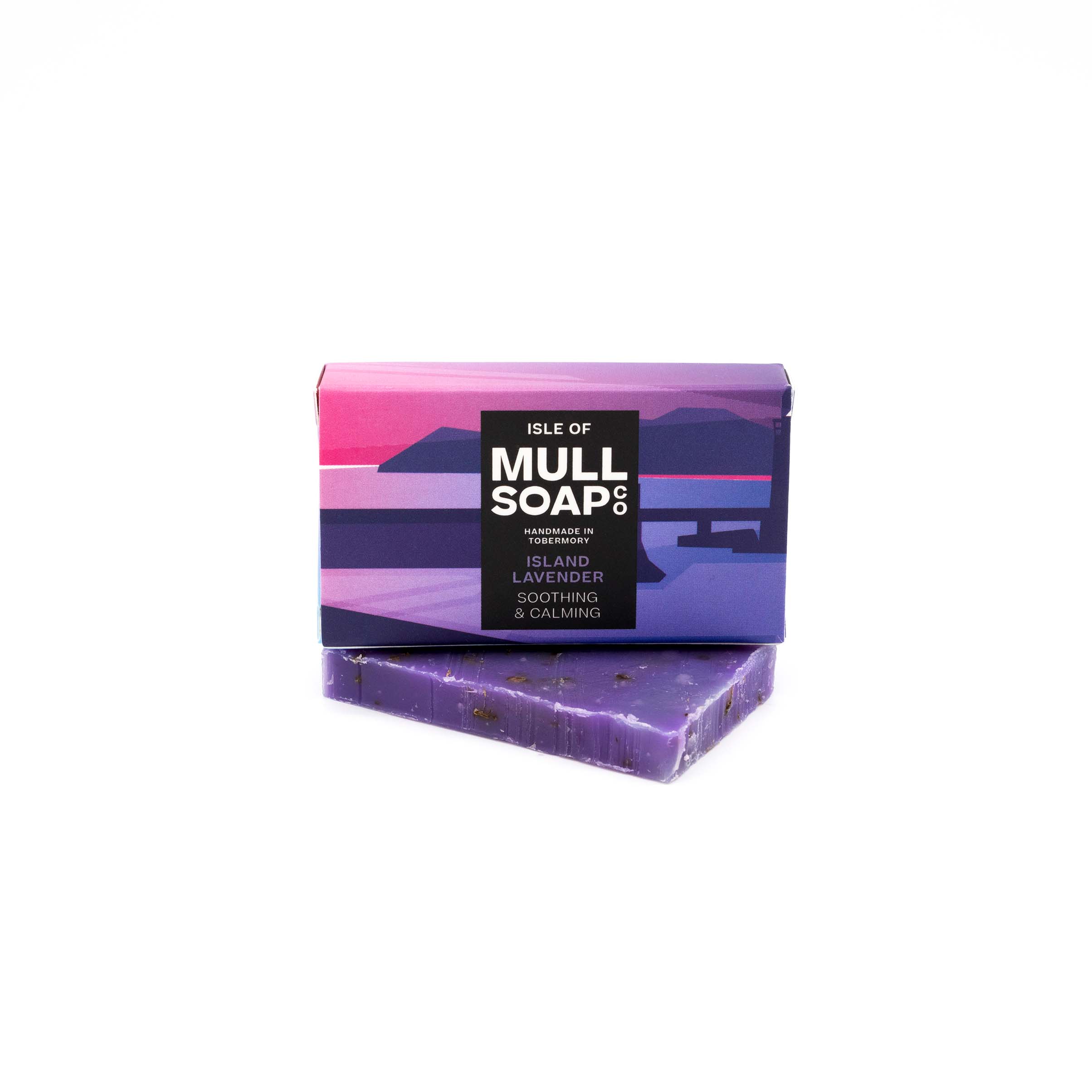 An island lavender mini soap box sitting on a purple mini soap bar. Soap described as soothing and calming.. Handmade natural soap made by the isle of mull soap co in Tobermory.