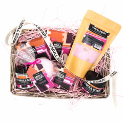 large Scottish rose and patchouli seagrass basket gift set. filled with the full range of Scottish rose and patchouli products all handmade in Tobermory by the Isle of Mull soap co