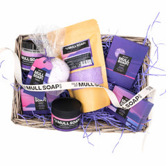 large island lavender seagrass basket gift set. filled with the full range of lavender products all handmade in Tobermory by the Isle of Mull soap co