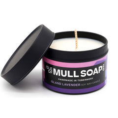 A purple and pink colourful label. island lavender soy wax candle handmade in Tobermory by the Isle of Mull Soap Co